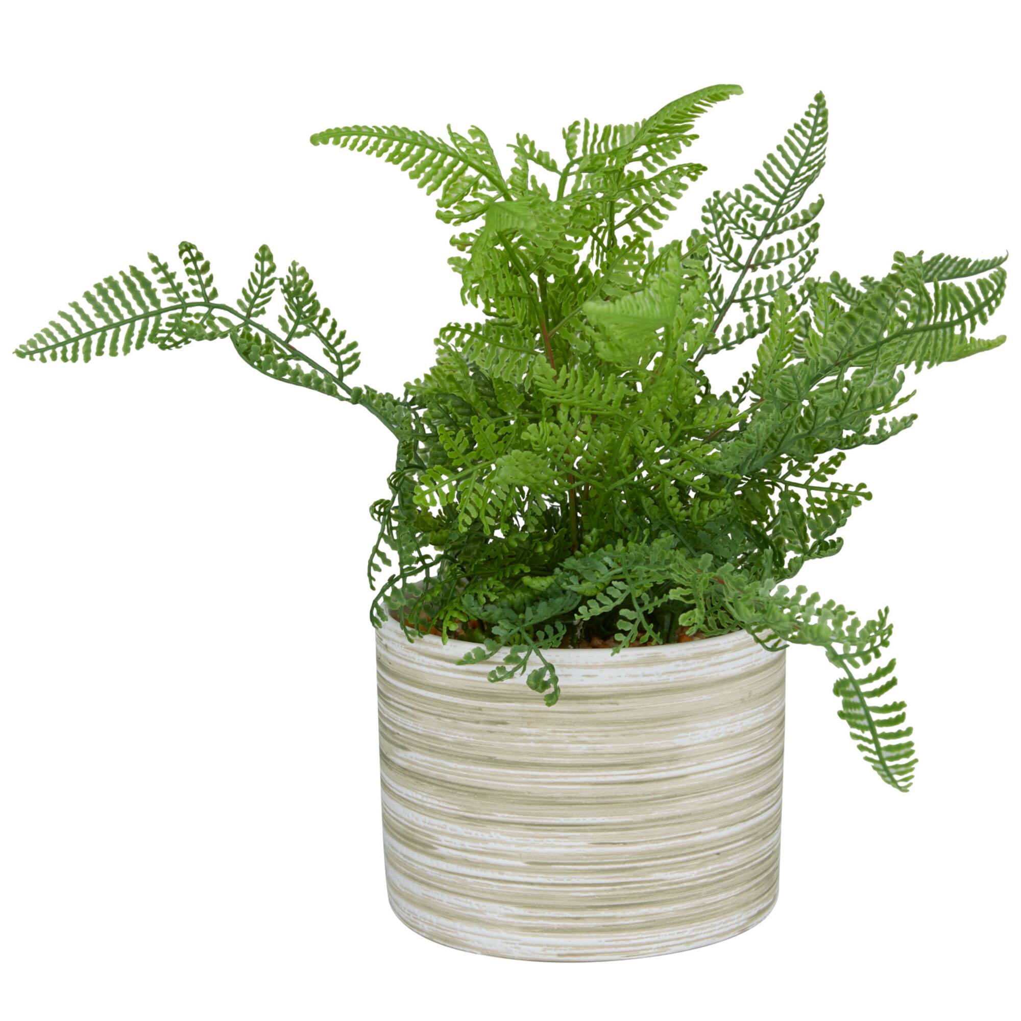 13" Green Faux Foliage Fern Artificial Plant With Patterned Round Pot